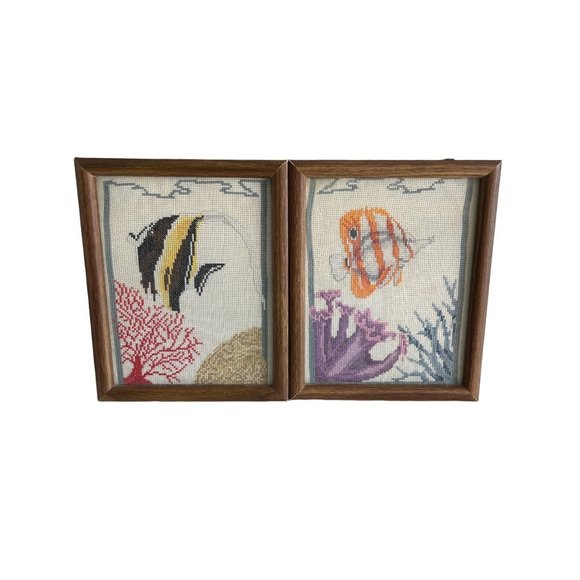 Tropical Fish Needlepoint Cross Stitch Frames Vintage Exotic 9x11 - Picture 1 of 5